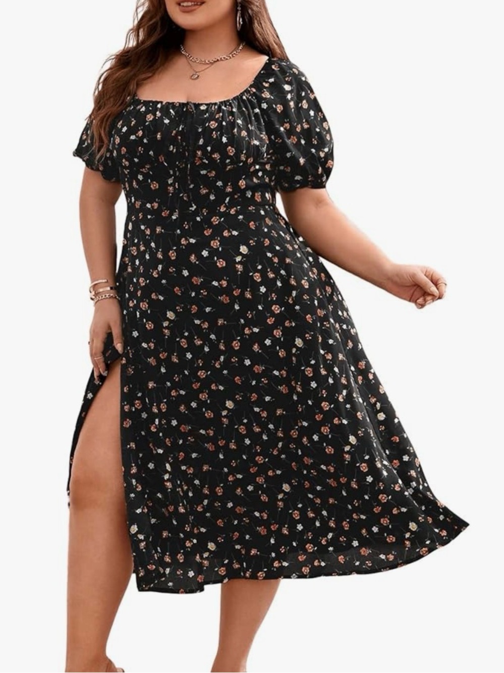 Black Floral Square-Neck Midi Dress